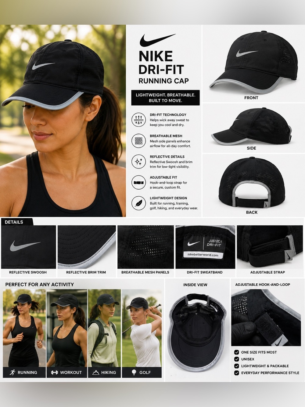 Nike Dri-FIT Running Hat Black Reflective Trim Mesh Adjustable Cap Unisex